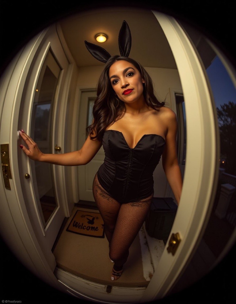 Parody meme portrait of AOC in a bunny costume at a doorway