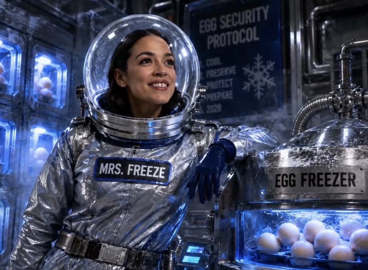 Parody image of AOC in a silver space suit labelled Mrs. Freeze beside an egg freezer