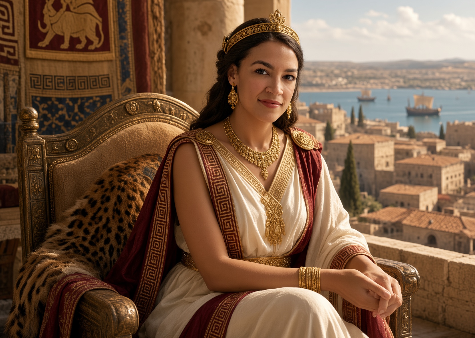 Parody image of AOC as an ancient empress on a golden throne overlooking a harbour city